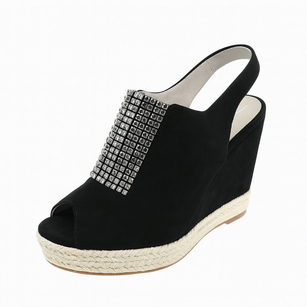 Gina Suede Crystal Embellished Platform Wedge Sandals Black 39